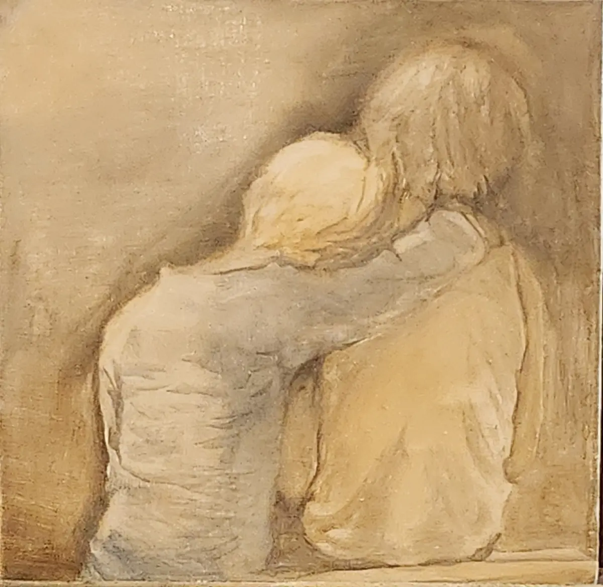 Két egymásnak dőlő, ülő fiú hátulnézetben egy festményen