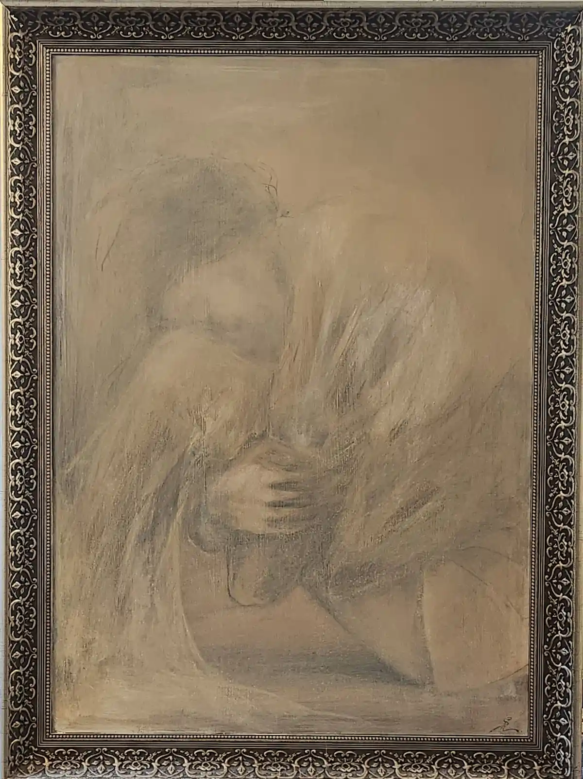 Eg yülő nő a térdére hajtja fejét egy oldalnézeti festményen