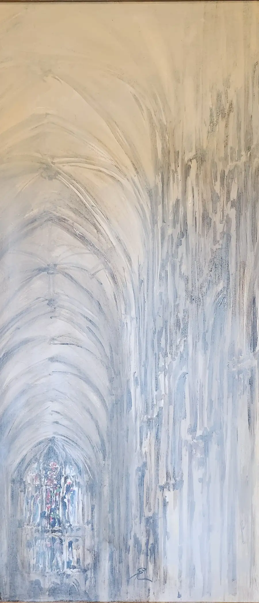 Gótikus templom boltíves belseje elmosódott festményen