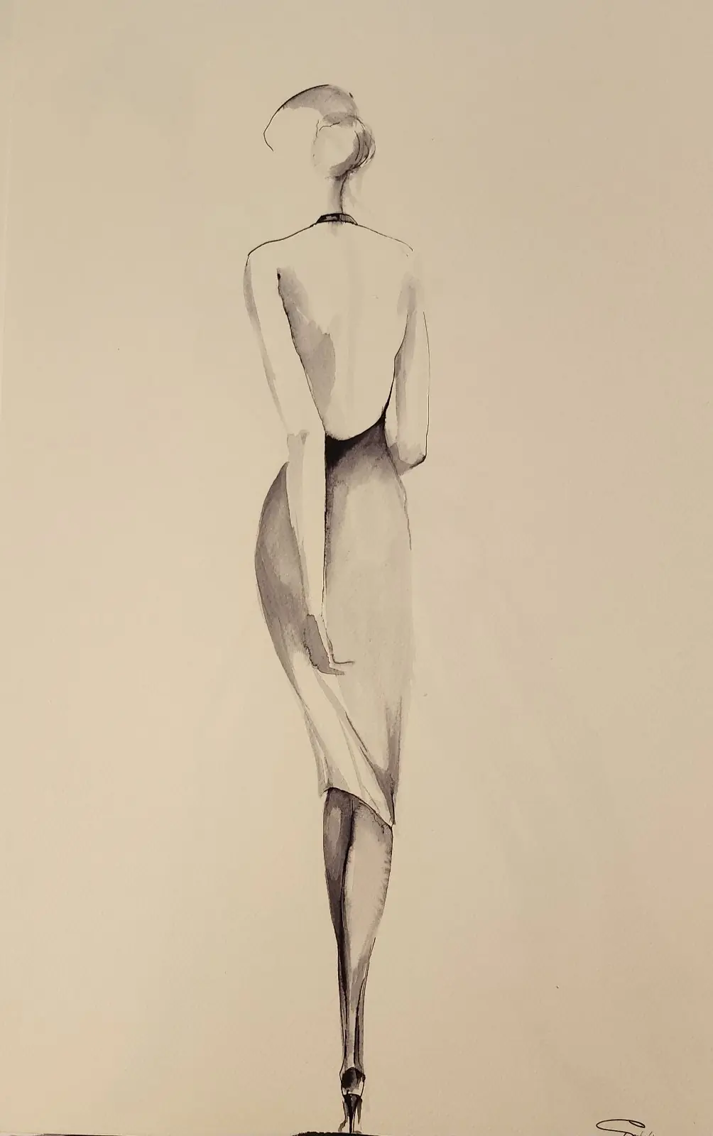 Női alak estélyi ruhában hátsó nézetben lép előre