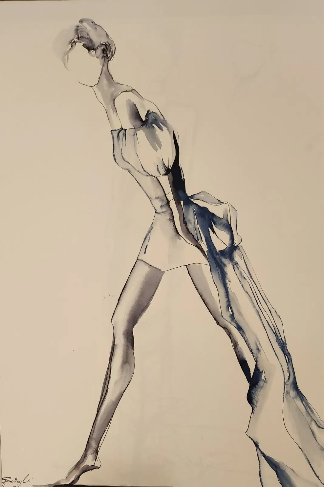 Női alak kékes színű kabátot húz maga után lavírozott tusrajzon