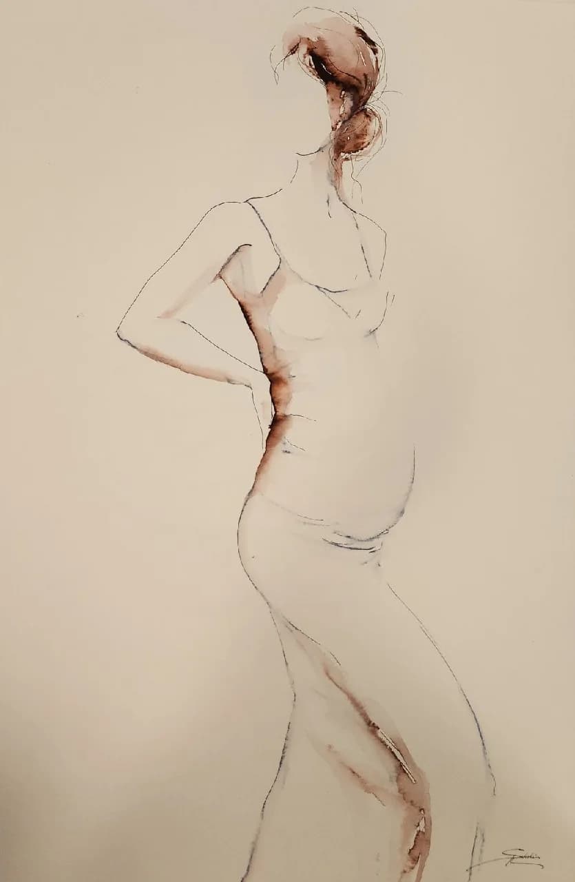 Várandós női alak oldalnézetben lavírozott tusrajzon